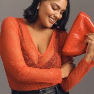 Anthropologie Deep V-Neck Lace Bodysuit in Red